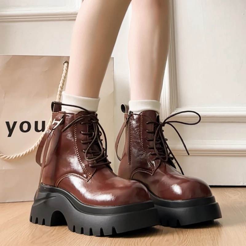 

New Chunky Women's Boots Platform High Heels Shoes Chelsea Leather Boots 2025 Winter Fashion Pumps Lace Up Sport Mujer Botas