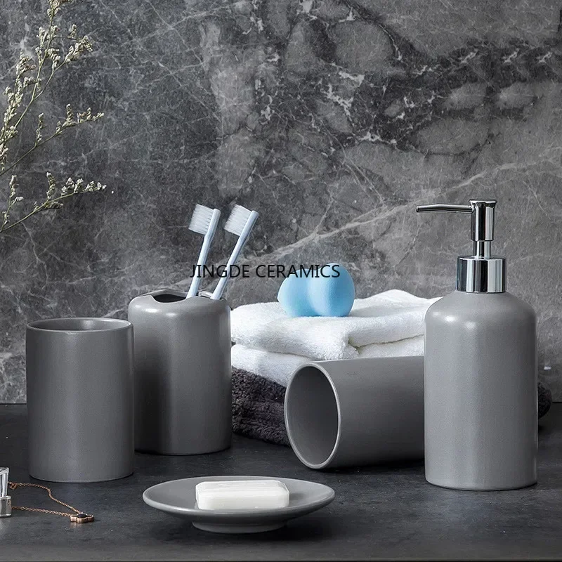 

Hotel Solid Color Ceramic Wash Set, Bathroom and Toiletries Set, Hand Sanitizer Dispenser Bottle, Soap Dish, Toothbrush Cup