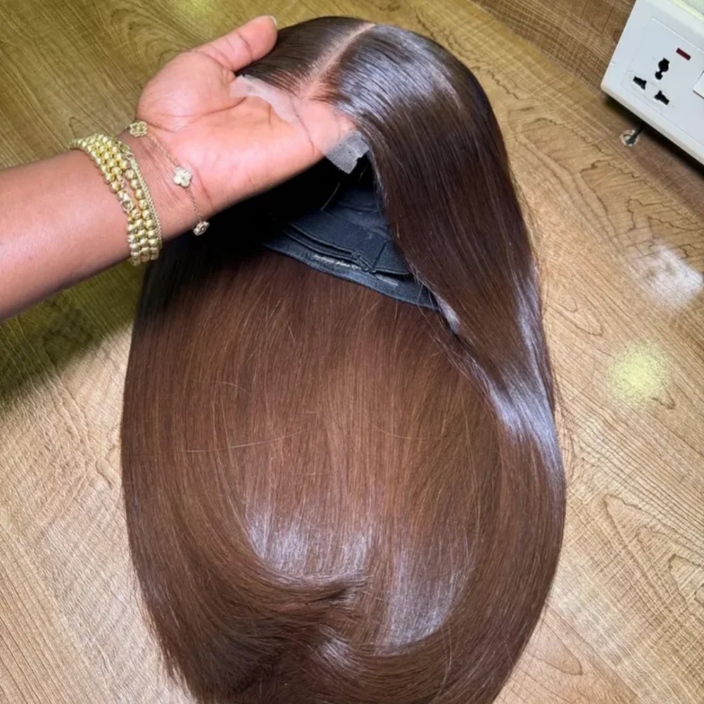 180 Density Brown Straight 26 Inch Long 5x5 Silk Base Jewish Human Hair with Baby Hair HD Lace European Style Glueless Preplucke