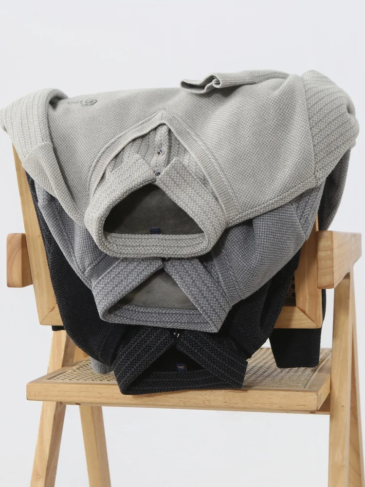 Csa Masculina de Malha com Efeito Duplo, Gola , Camada Interna Quente, Mistura de Aodão, Estilo Casual, Manga Longa,...