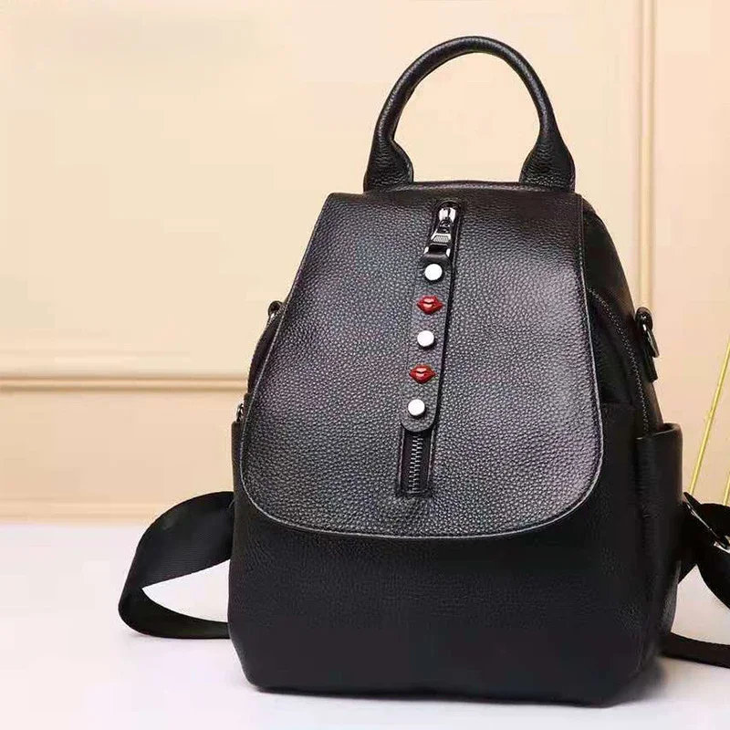 

2024 New Luxury Brand Cow Genuine Leather Women Backpacks Female Ladies Girl Student Korean Casual Rivet Designer Backpack