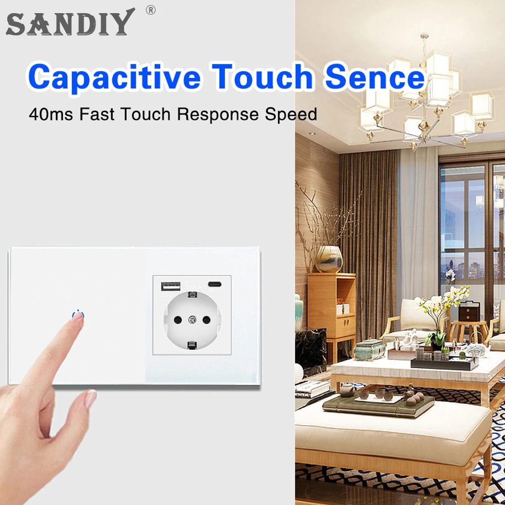 SANDIY Wall Touch Switch with Socket Eu Smart Light Switch White 1 2 3 Gang 2/3 Way for Crystal Glass Panel Home Improvement