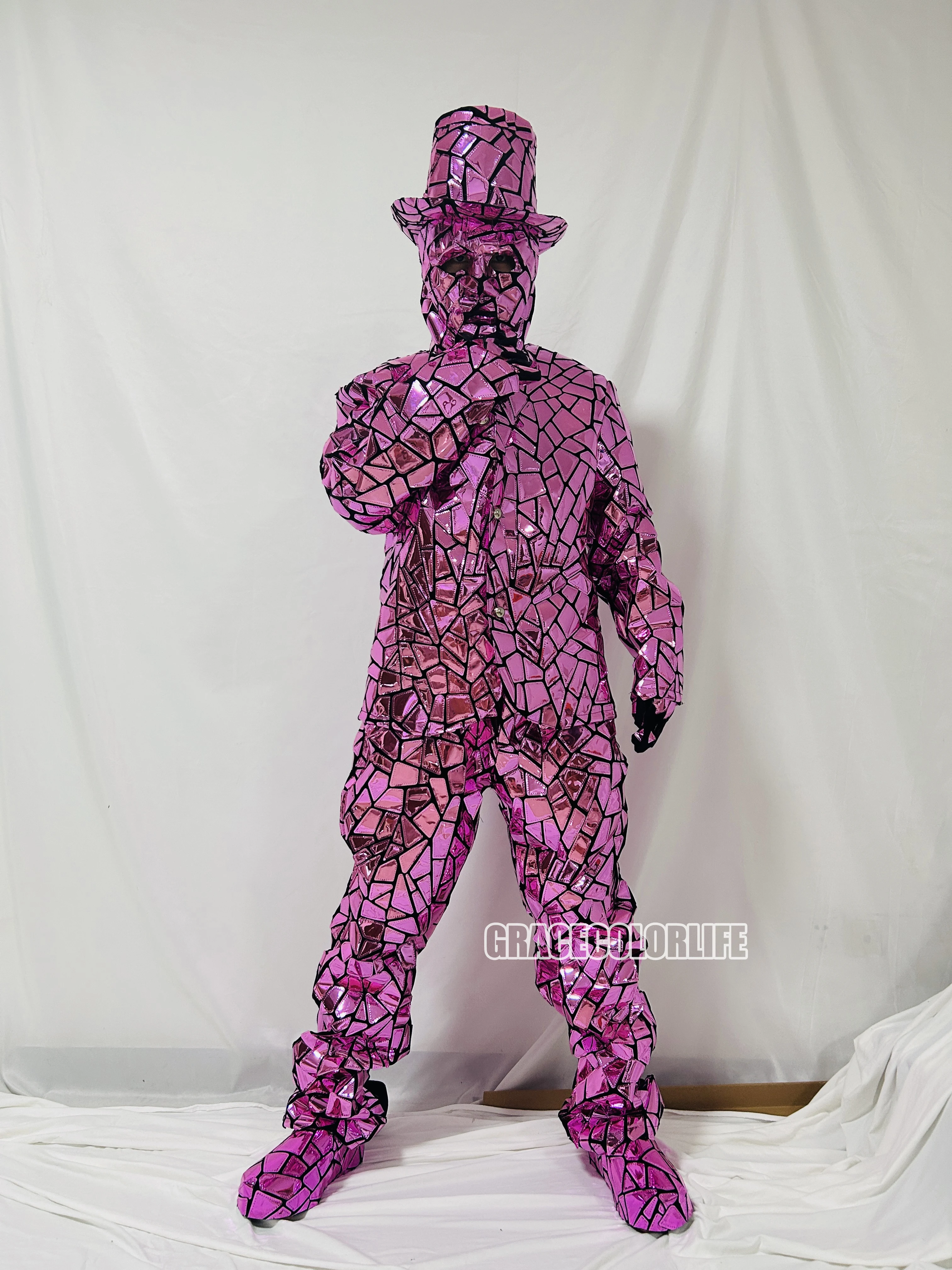 光沢のあるピンクのミラーメンズ仮面舞踏会コスチューム、ヒップホップダンスクルーコスチューム、バーステージパフォーマンス衣装、ホリデーパーティーコスチューム