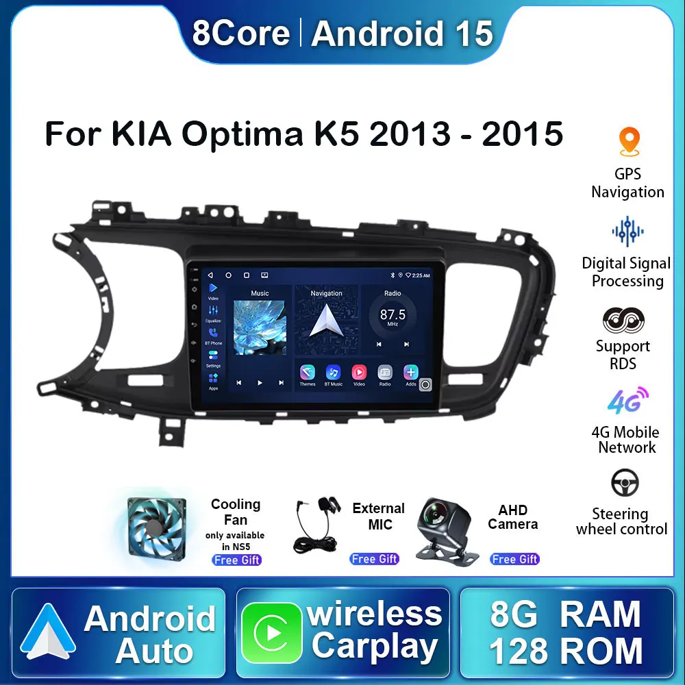 

9-дюймовый Android 15 мультимедийный автомобильный радиоприемник 8G + 128G для KIA Optima K5 2013-2015 с Carplay и видео-плеером