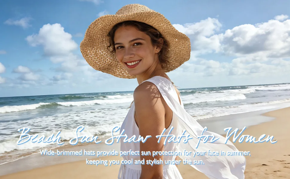 sun hats straw beach hats for women packable foldable UPF50+ sun protection wide brim adjustable