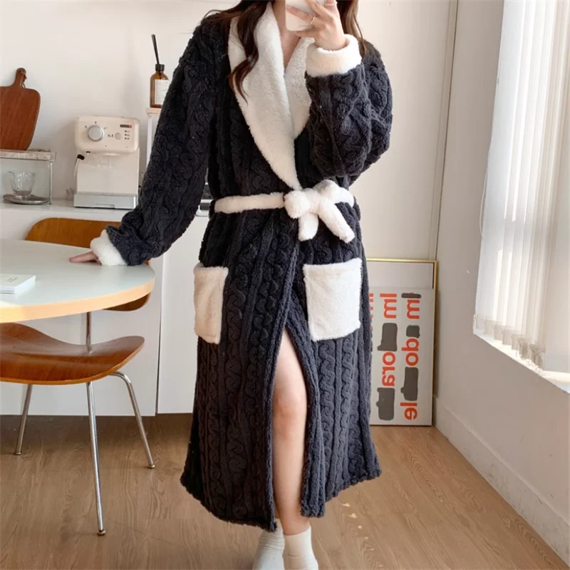 Fashion Korean Female Nightdress Bathrobe Nightgown Lounge Homewear Autumn Winter Flannel Warm Robe Thicken Nightwear Sleepwear