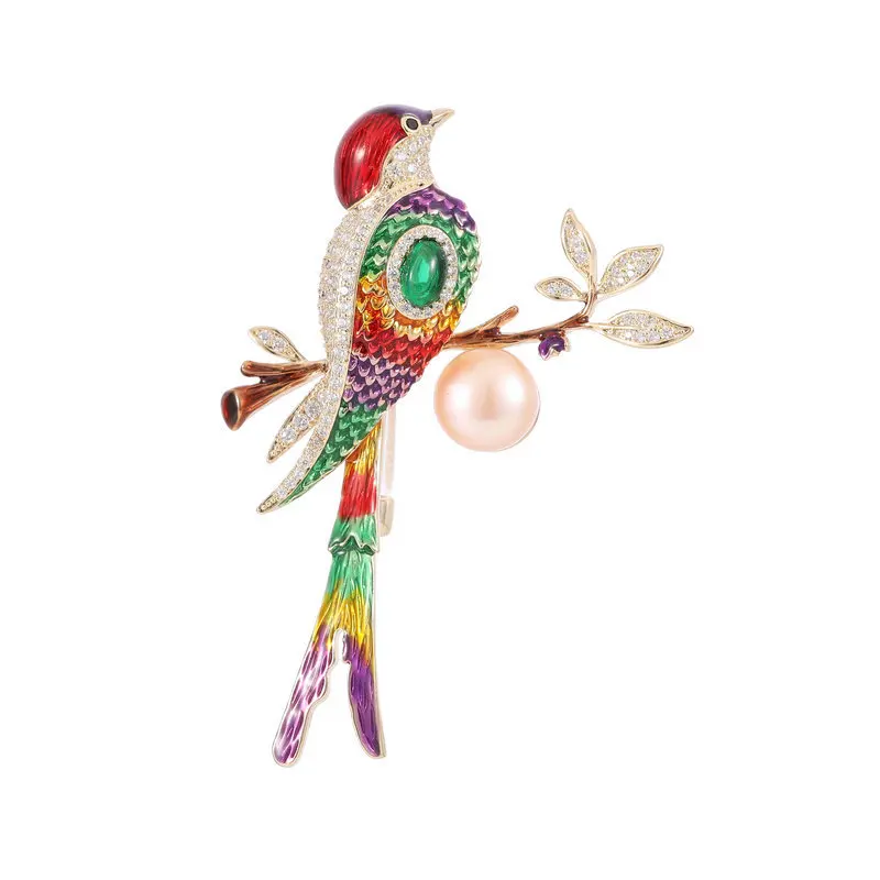 Novo vestido cheongsam esmaltado com gota de óleo colorida estilo chinês, broche cardigã corpete, broche de pérola de água doce pássaro magpie