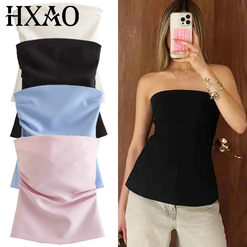HXAO Corset Tube Top Women Summer 2025 Fashion Tanks & Camis Pink Blue White Black Vest Strapless Ruffled Backless Slim Tank Top