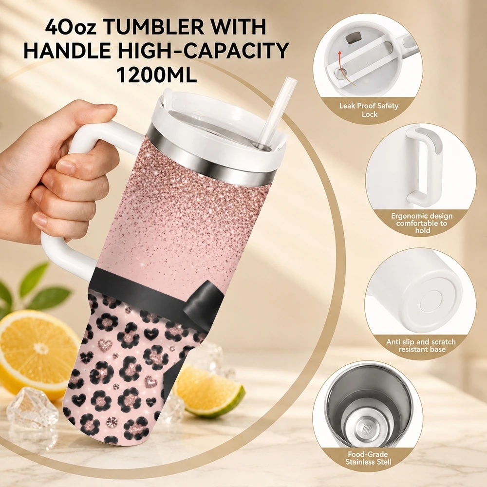 Leopard Bow Print Vacuum Flasks 40oz Stainless Steel Travel Tumbler with Handle Straw Lid Double Wall Vacuum Insulated
