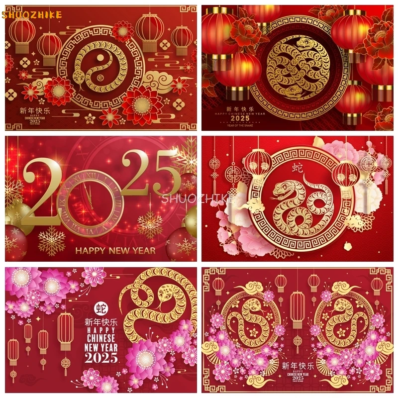 

2025 Happy New Year Backdrop Chinese Year of the Snake Red Lantern New Year Eve Family Party Photography Background Photo Studio