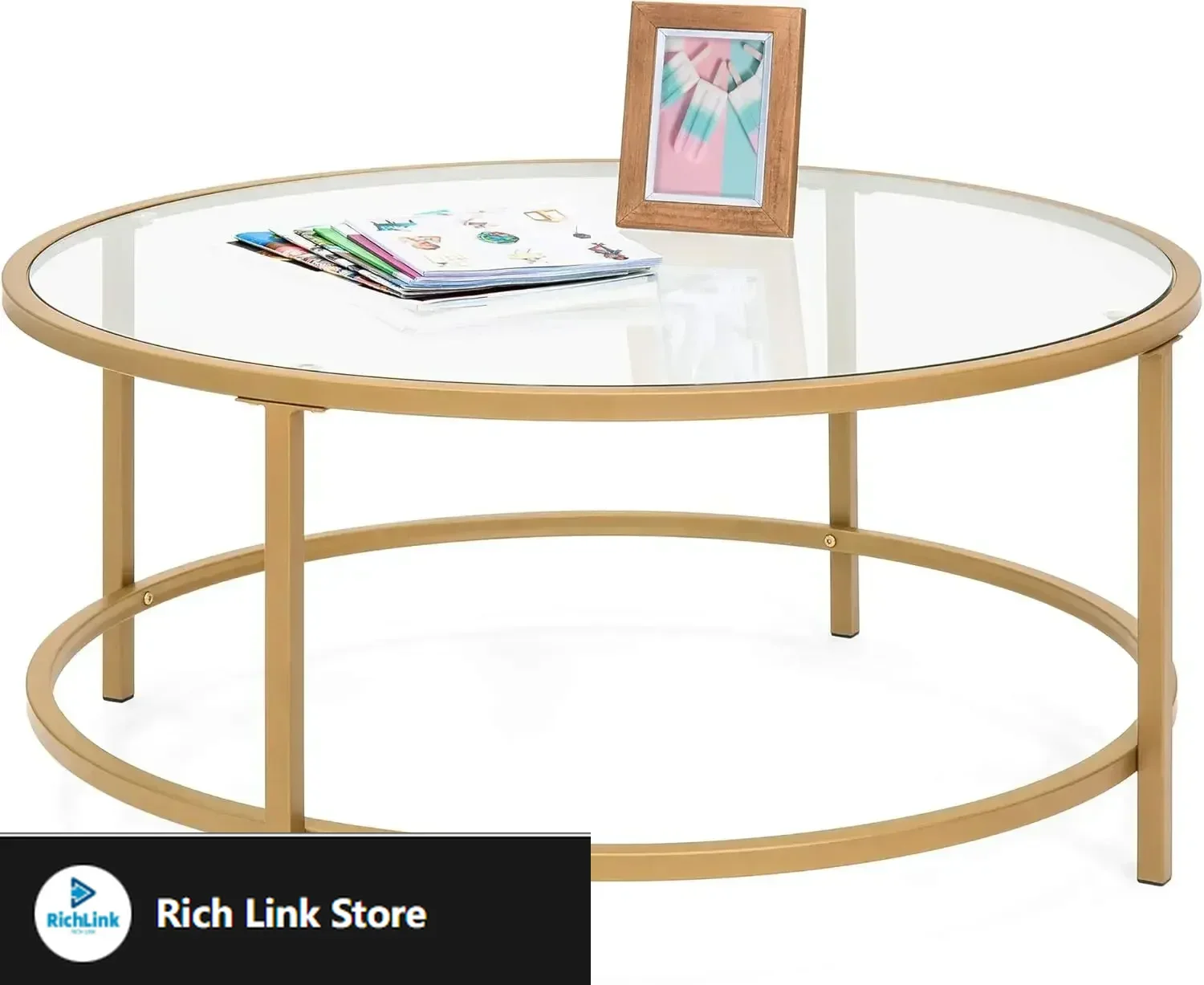 

36in Modern Round Tempered Glass Accent Side Coffee Table for Living Room,Dining Room, Tea, Home Décor w/Satin Trim, Metal Frame