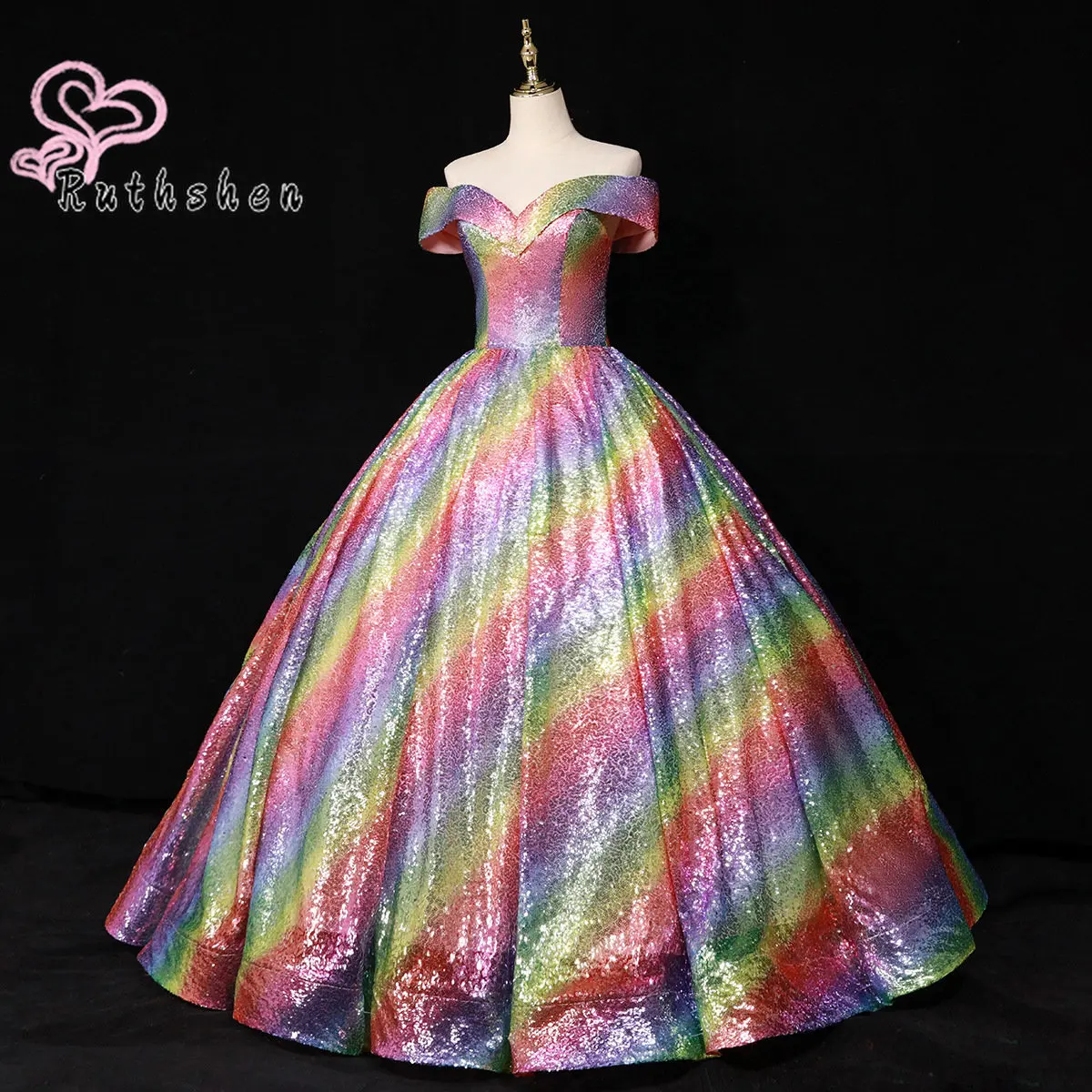 Rainbow Sequin Ball Gown 2023 Luxury Evening Dresses for Women Off The Shoulder Long Formal Occasion Prom Party Dress