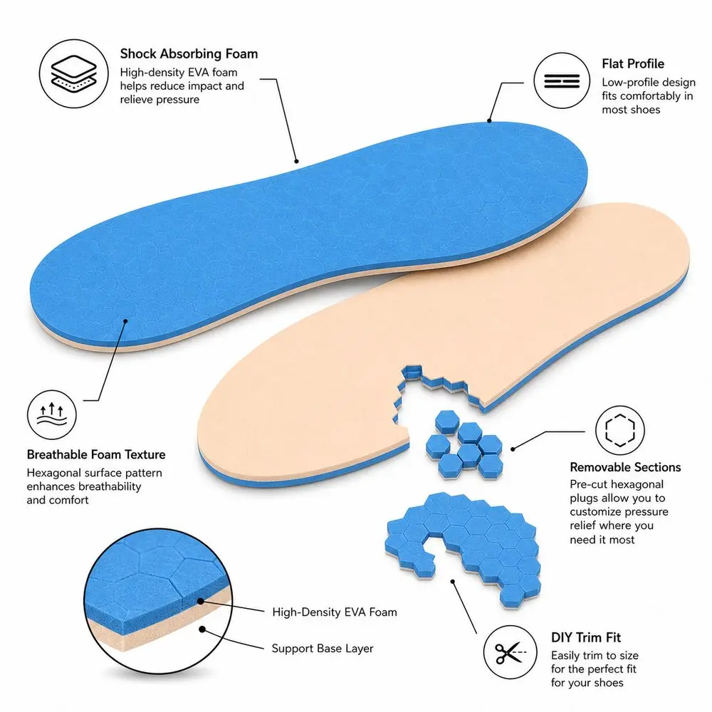 Adjustable Fit Shoe Insoles Lightweight Design Detachable Structure Orthotic Inserts DIY Trimming Breathable Material