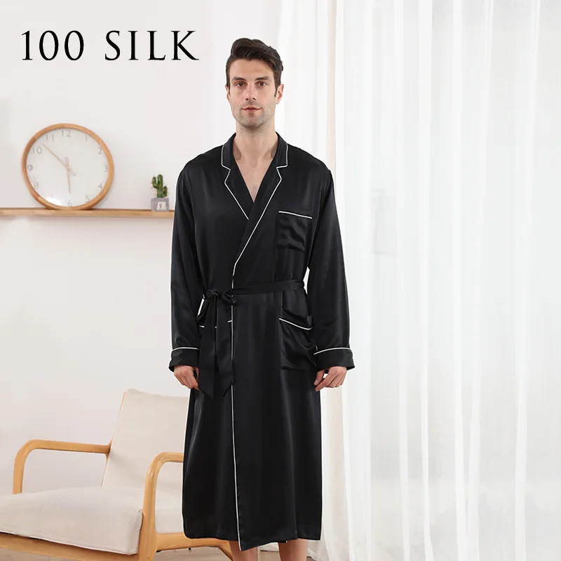 Birdtree 19Momme 100%Pure Mulberry Silk Long Robe for Men Silky Sleepwear Gentleman Elegant Nightgown Natural Pajamas P3D036QM