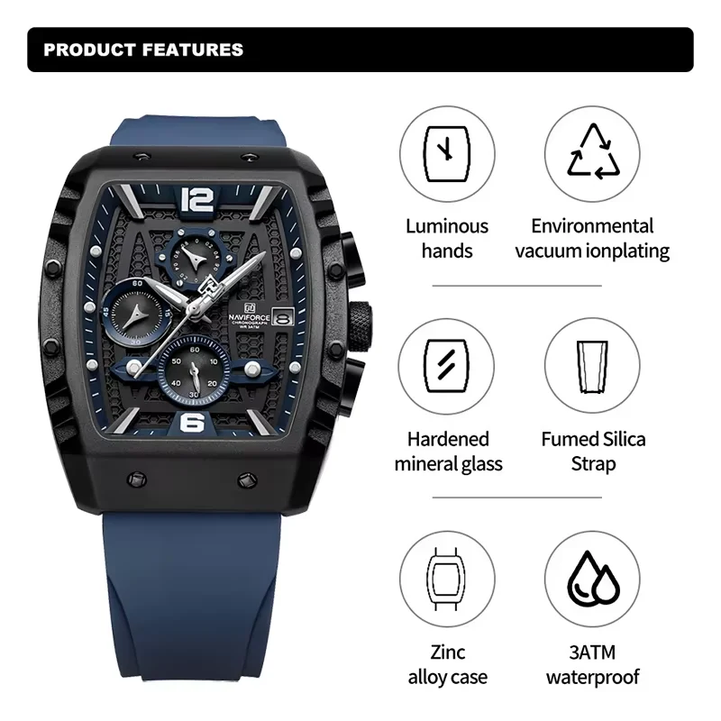 NAVIFORCE Multifunction Men Quartz Watches Sports Waterproof Silicone Strap Wrist Watch for Man Calendar Male Chronograph NF8025