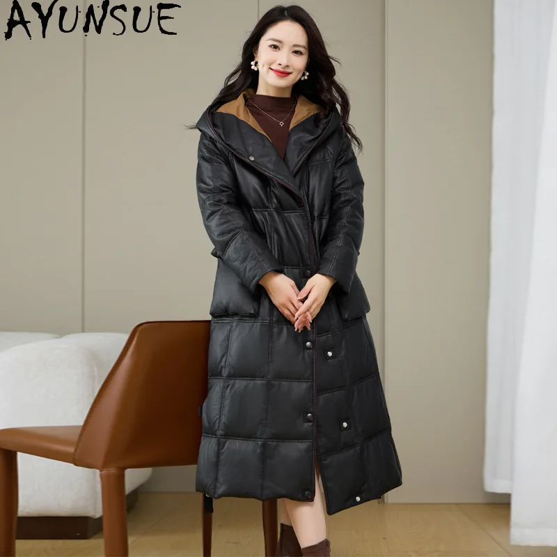 AYUNSUE 100 % Oberschicht Schaffell Echtes Leder Daunenjacke Damen Winterkleidung 2025 Mittellanger 90 % weißer Gänsedaunenmantel