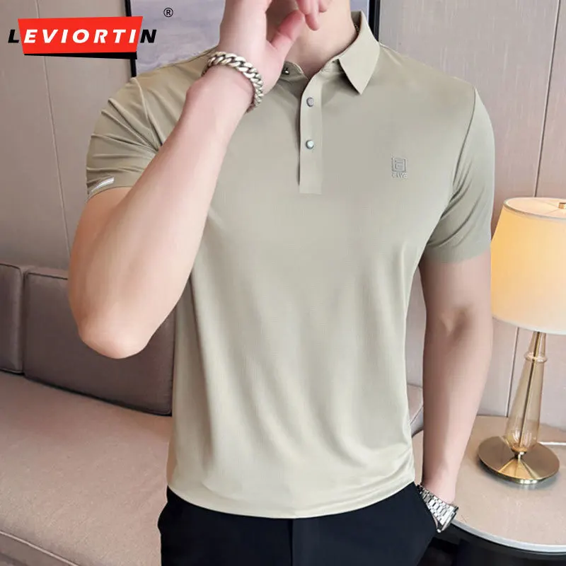 

Летняя мужская дышащая футболка из ледяного шелка, универсальная повседневная простая высококачественная деловая футболка с лацканами и короткими рукавами, рубашка-поло