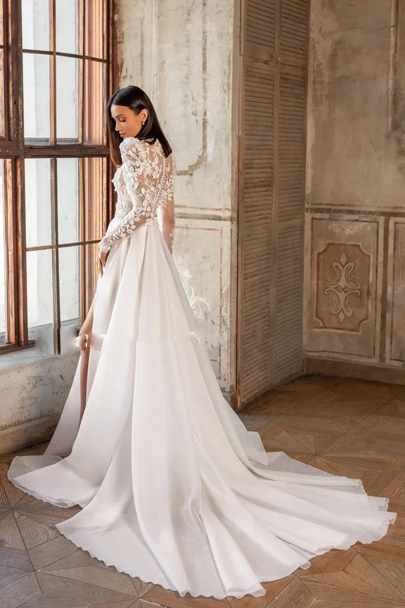 Luxury Beautiful A-line high neck lace applique tulle side slit Beach Bridal gown Long sleeve pearl button Boho wedding dress