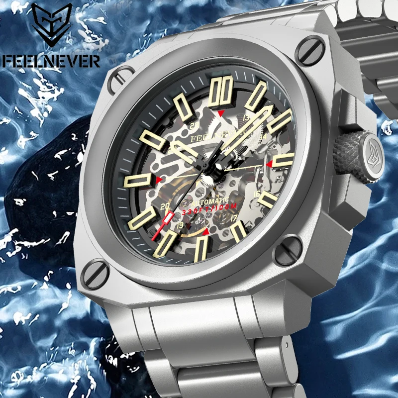 FeelNever, reloj mecánico de la mejor marca, relojes deportivos informales con banda de acero inoxidable y esqueleto, relojes automáticos para hombres, relojes luminosos impermeables