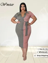 Wmstar Plus Size Women Clothing Dresses with Lace Up Patchwork Bodycon Stretch Elegant Plaid Maxi Dress Wholesale Dropshipping