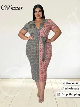 Wmstar Plus Größe Frauen Kleidung Kleider mit Spitze Up Patchwork Bodycon Stretch Elegante Plaid Maxi Kleid Großhandel Dropshipping