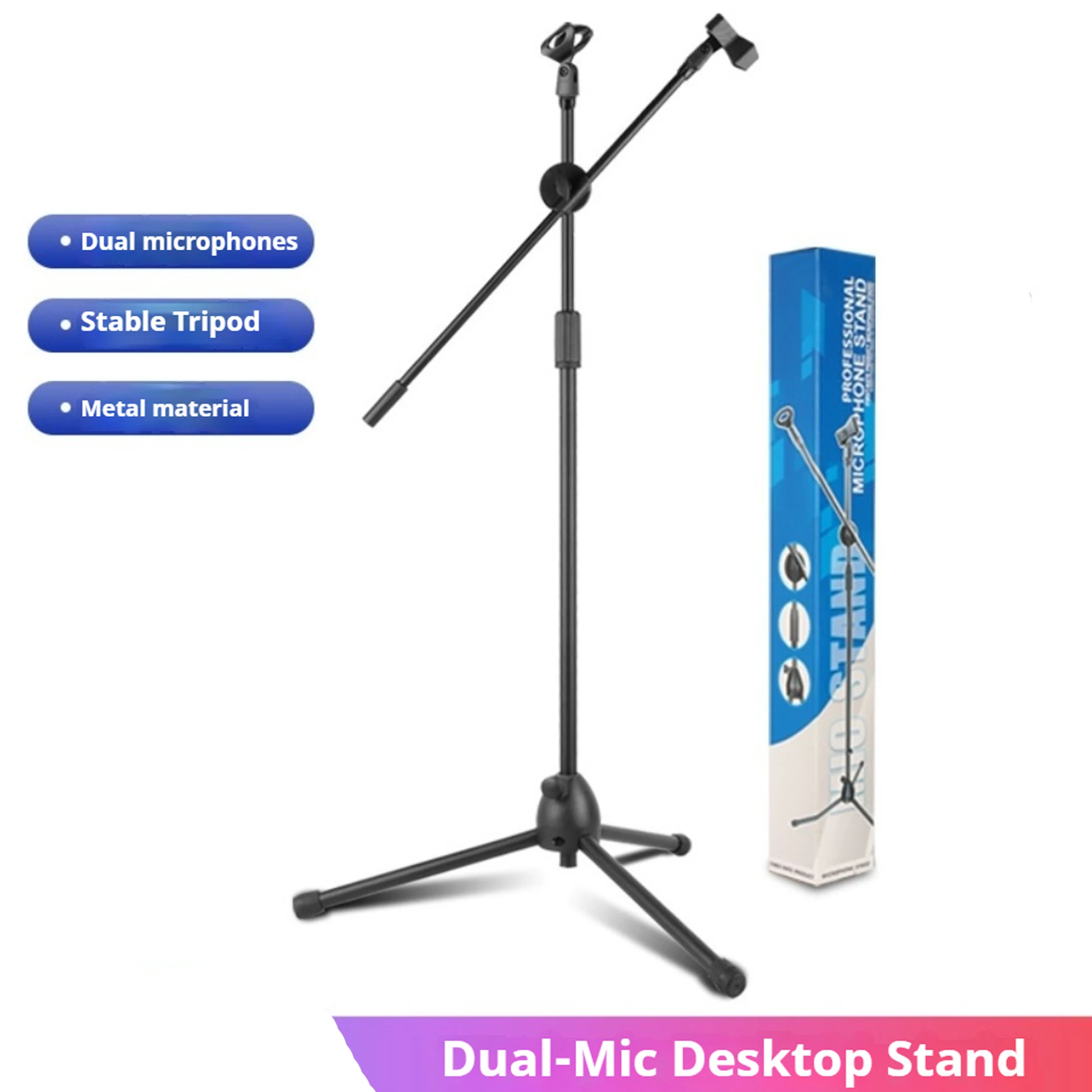 Performance Microphone Floor Stand with Dual Cantilever Crossbar Arms with Clip and Phone Holder for Singing/Musical Instrument