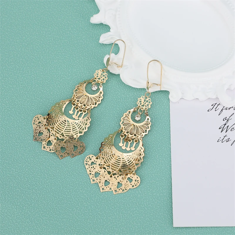 

Golden Dangle Earrings Leaf & Butterfly Cutout Design With Crystal Perfect For Arabic Wedding Middle Eastern Ethnic Wear
