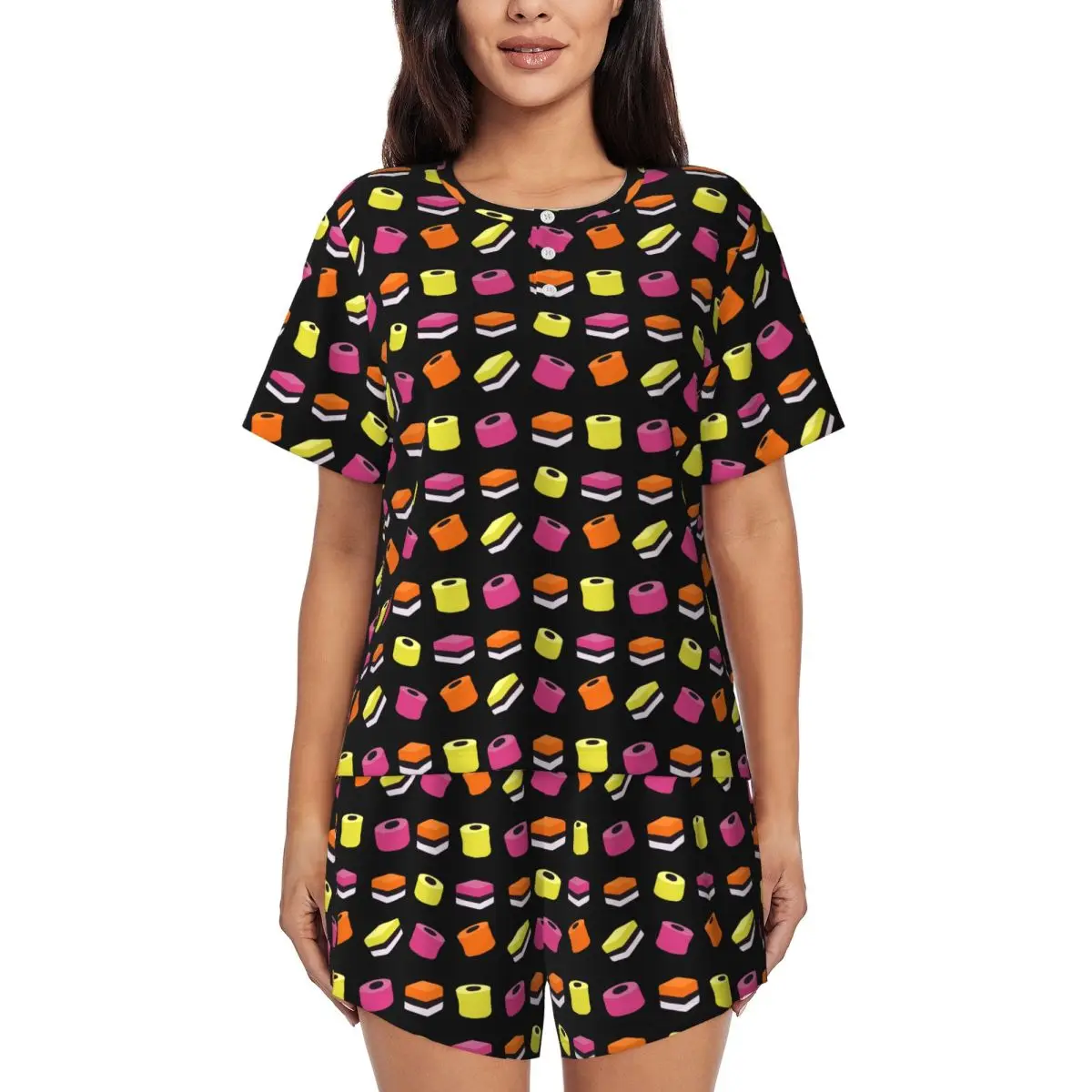 

Liquorice Allsorts Sweets Round Neck Short Sleeve Nightgowns for Sleeping Sleepshirts Women Loose Pajama Set Short Pants