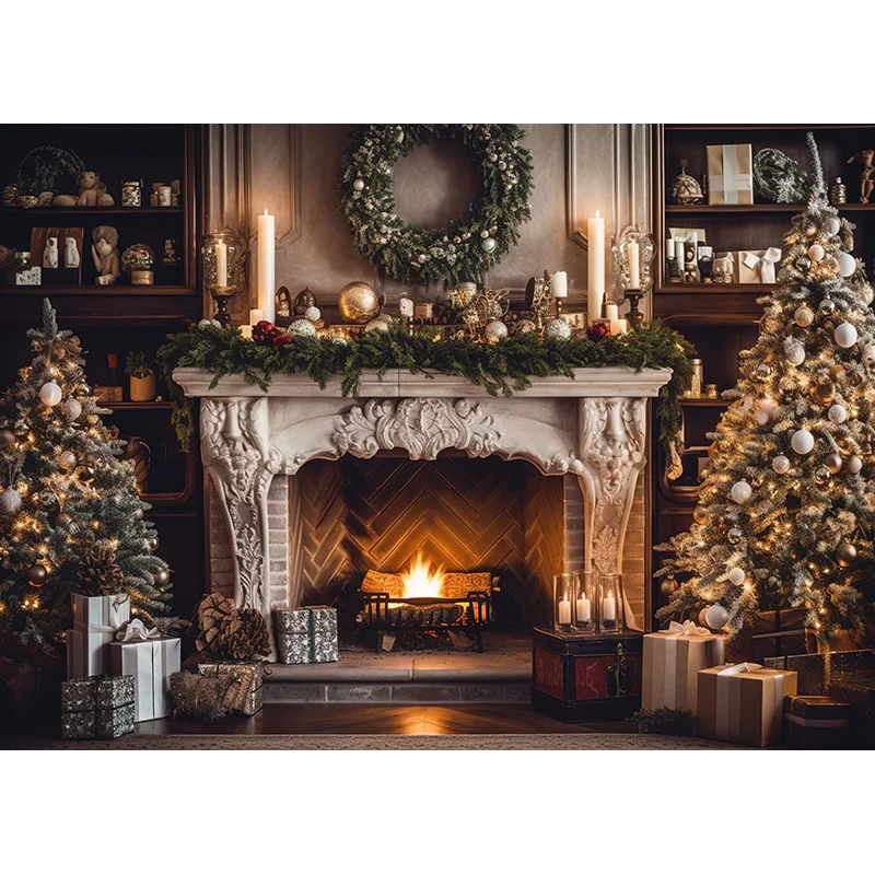 SHUOZHIKE Christmas Day Fireplace Photography Backdrops Prop Window Living Room Interior Village House Theme Background DR-07