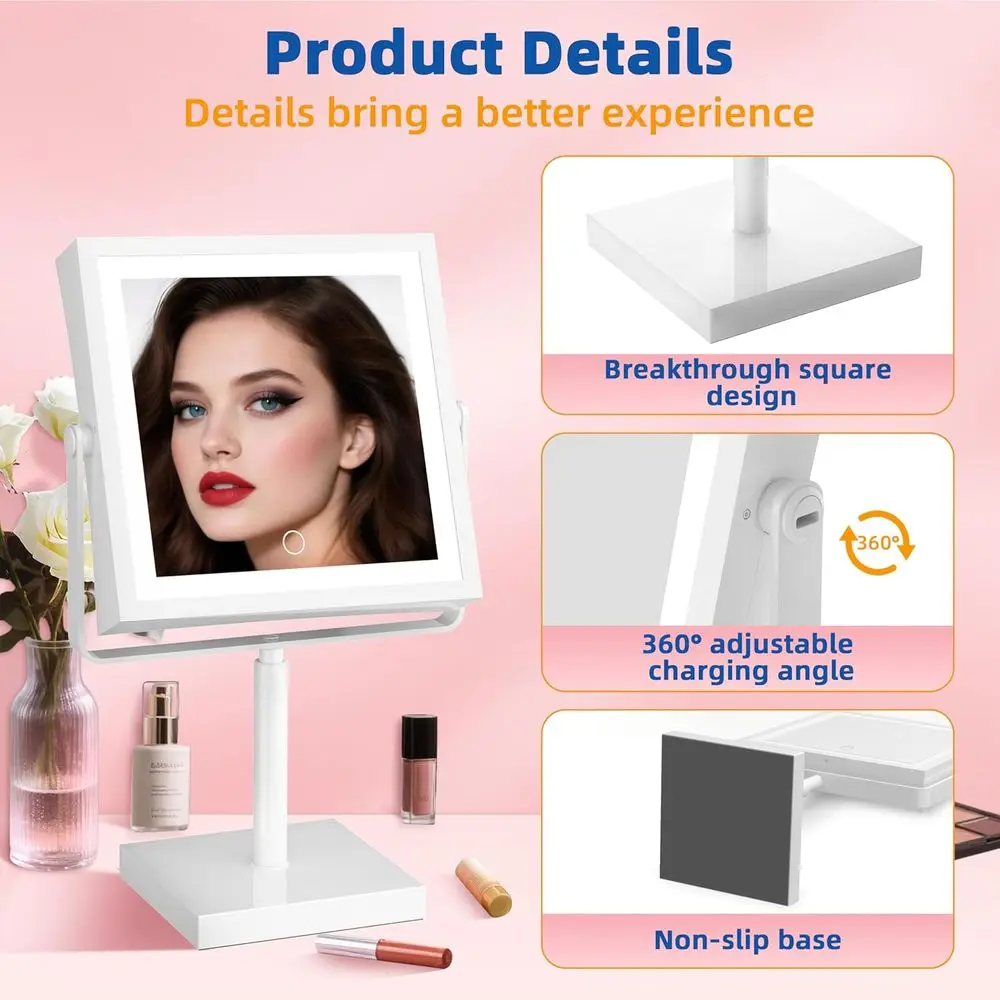 مرآة زينة LED بارتفاع قابل للتعديل مع بطارية 4000 مللي أمبير في الساعة، تكبير 1X/10X، 3 ألوان فاتحة، و360 ° دوران (أبيض) #5