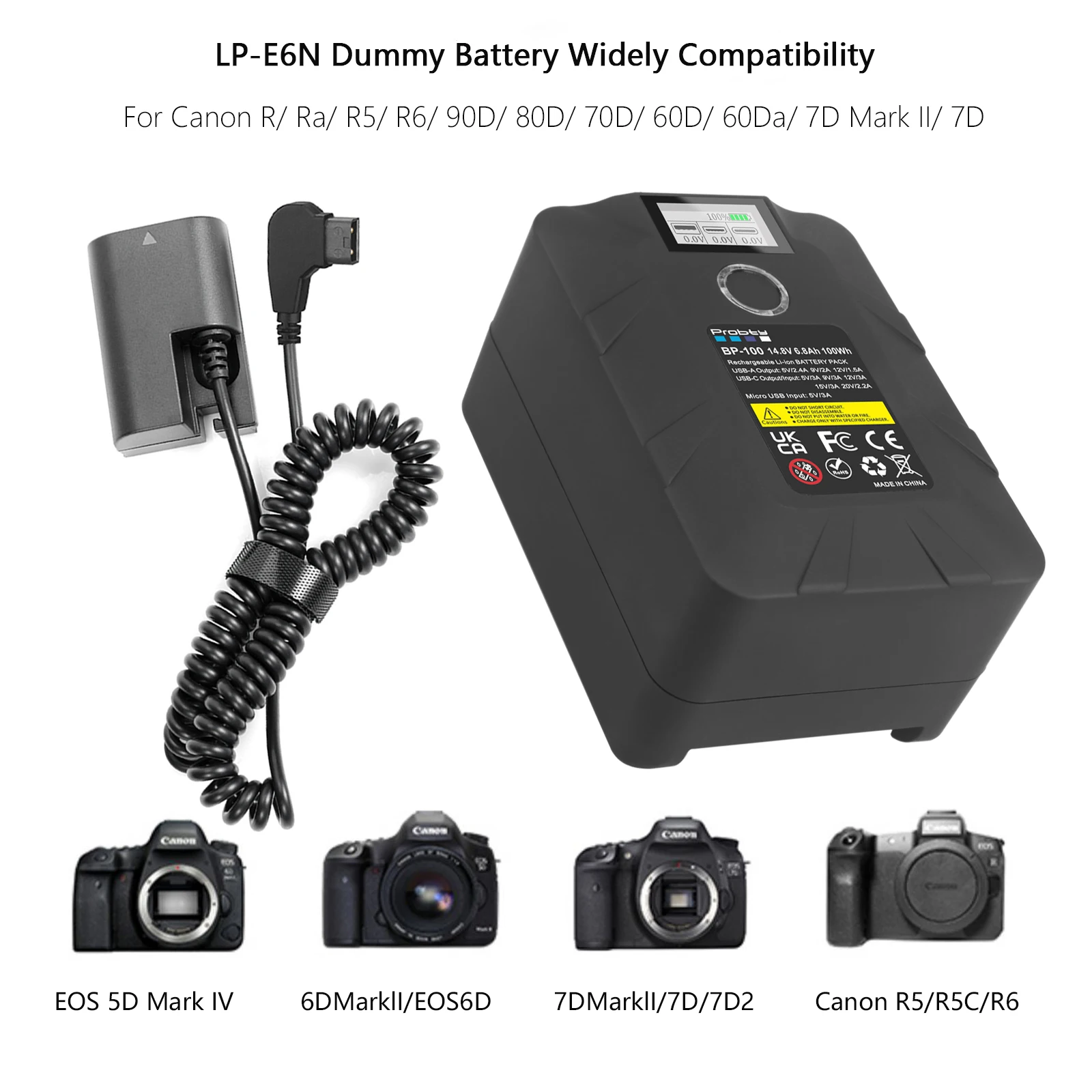 ACK-E6 DR-E6 LP-E6 Dummy Battery+100Wh V Mount Battery kit For Canon EOS R5 R6 5DS R 7D 6D 5D3 5D4 90D 80D 70D 60Da