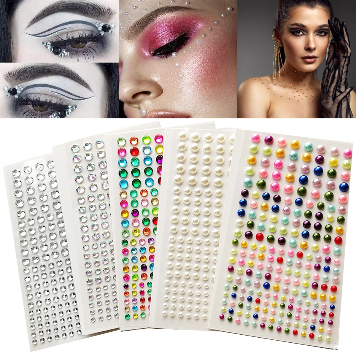 11Sheet White Pearl Eyes Face 3D Self Adhesive Rhinestones Stickers 4/5/6mm Mixed Face/Nail/Eyes Temporary Tattoo Gems