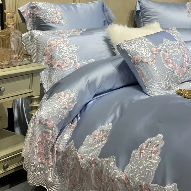 Luxury Hotel Wedding Bedding Set Bed Linen Duvet Cover Sets With Embroidery 600 Thread Long Staple Cotton Blue Princess 3/4 PCS