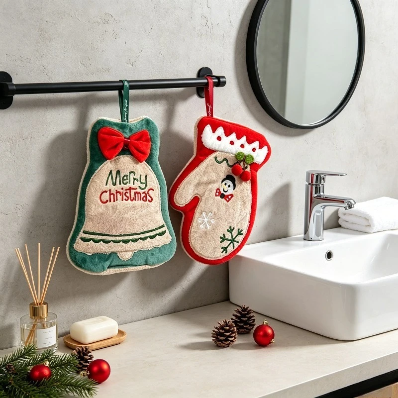 2-Piece Christmas Hanging Hand Towel Set, Bell and Glove-Shaped Absorbent Plush Hand Towels, with Embroidered Snowman, Bow, and Snowflakes, Quick-Drying Towels with Hanging Ribbon Design, Suitable for Bathroom, Kitchen, Christmas Home Decoration