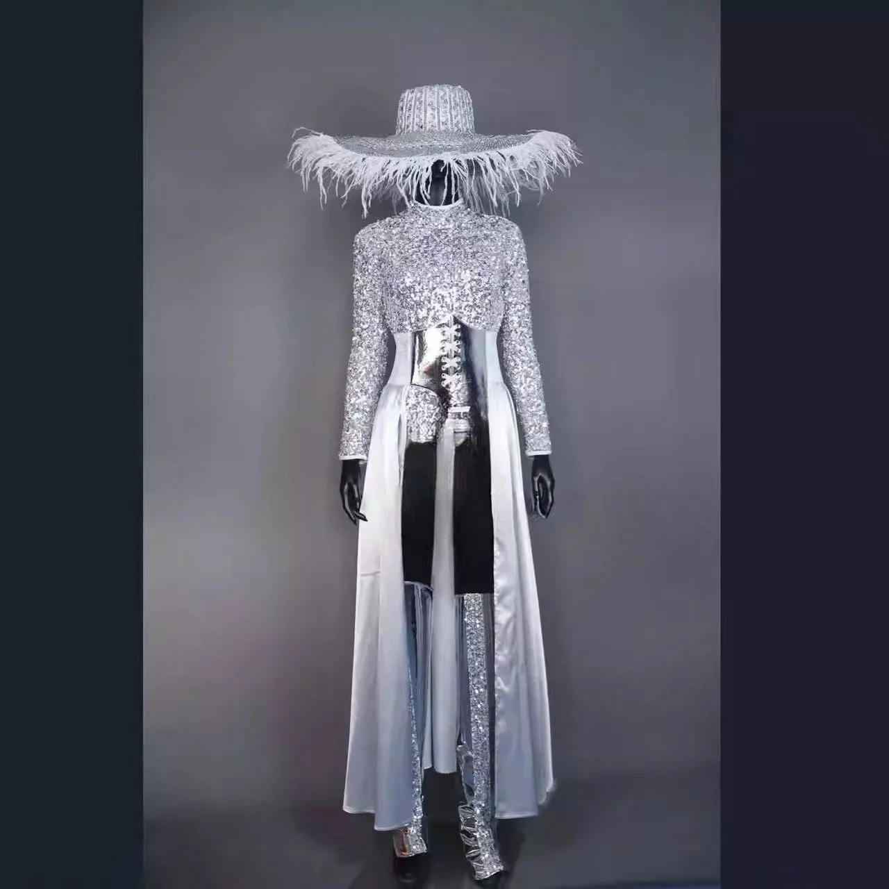 Silver Sequin Sexy Bodysuit Dress Bar Commercial Performance Party Prom Costume GOGO Show Singer Nightclub Dance Team Solo Wear