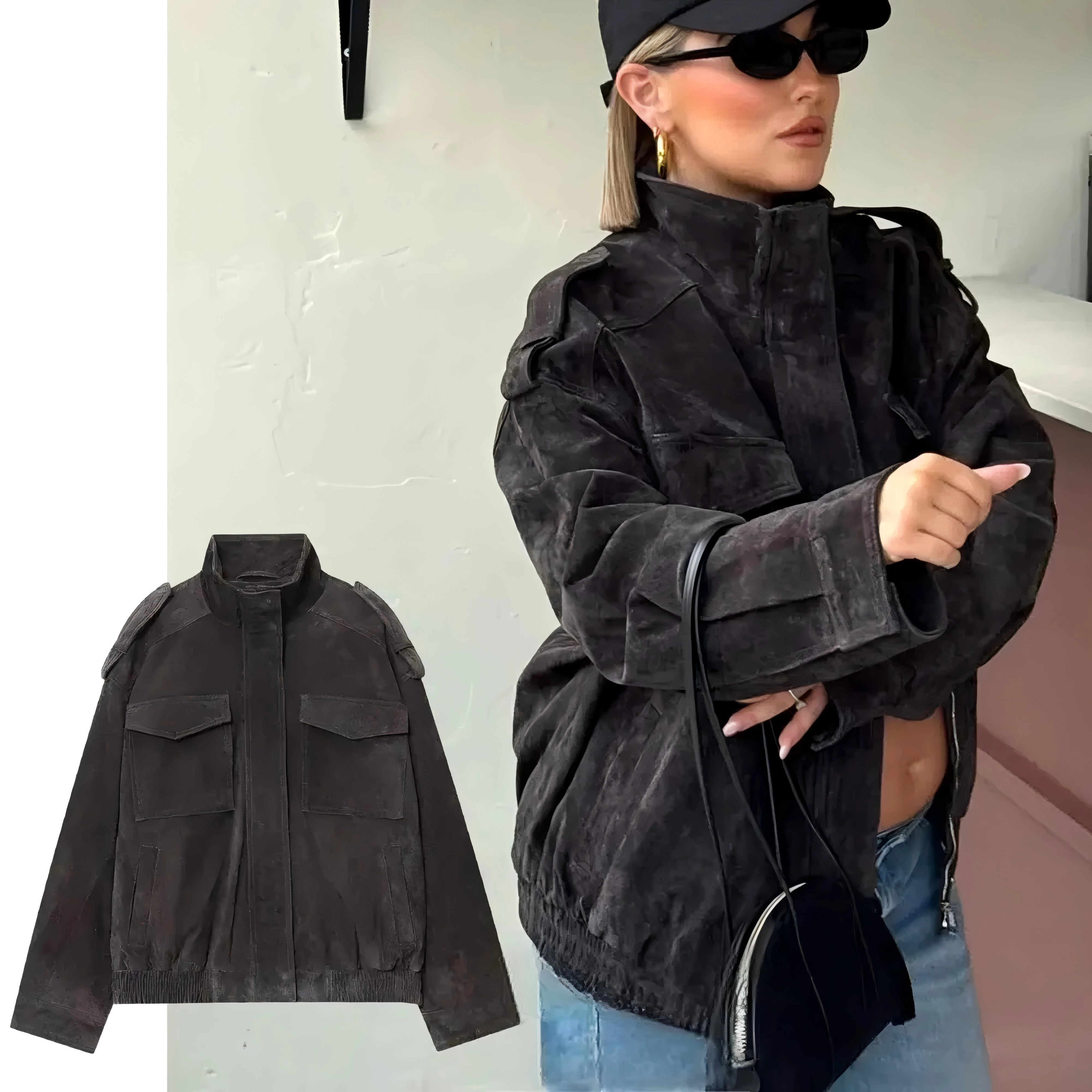 Kondala Chic Suede Vrouwen Bomberjack Vrouwen Lange Mouwen Zakken Rechte Losse Jas Mode 2025, Herfst Winter Streetwear Uitloper