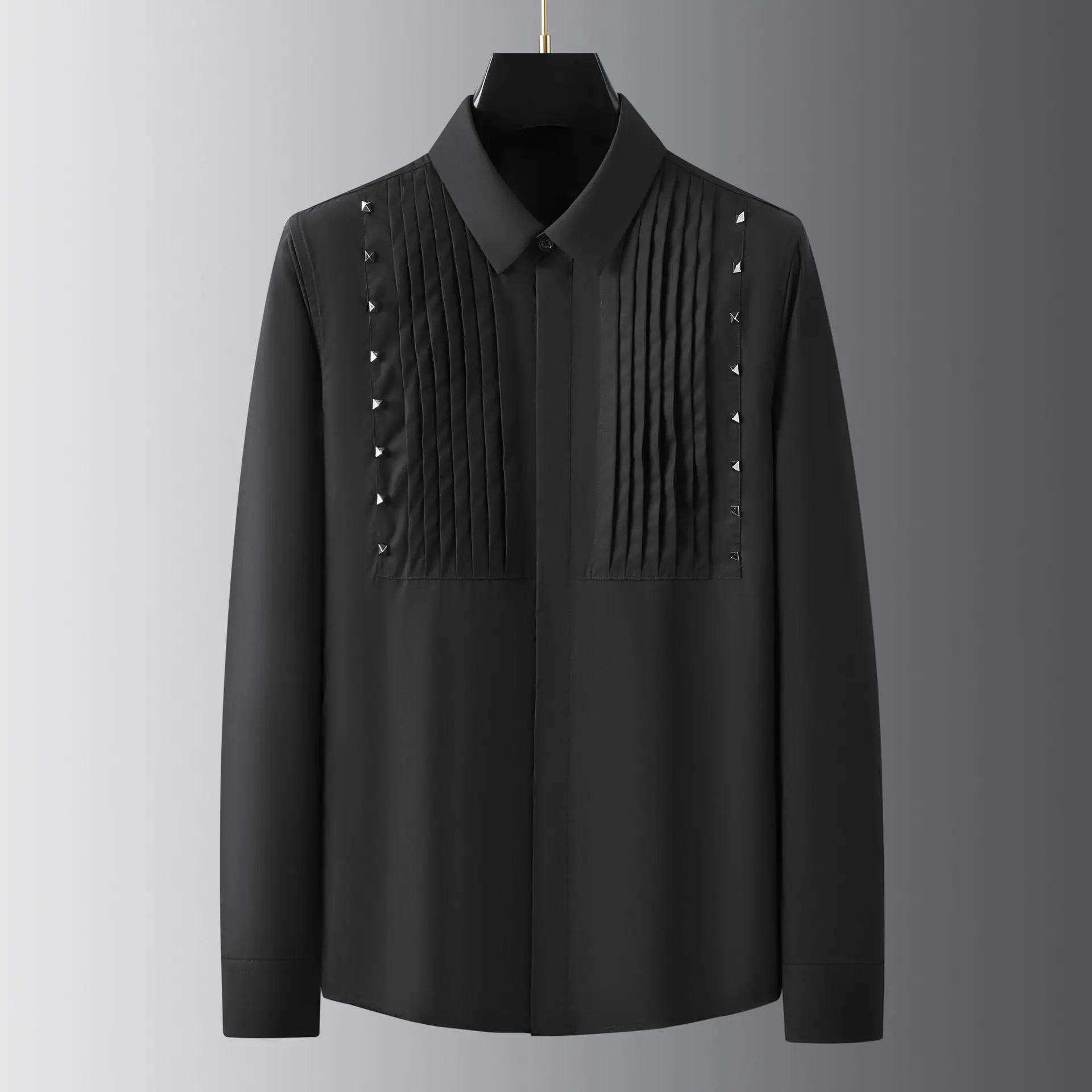 Luxury Rivet Decoration  Shirts for Men Slim Casual Office Social Shirts Streetwear Banquet Blouse Stage Performance Costumes