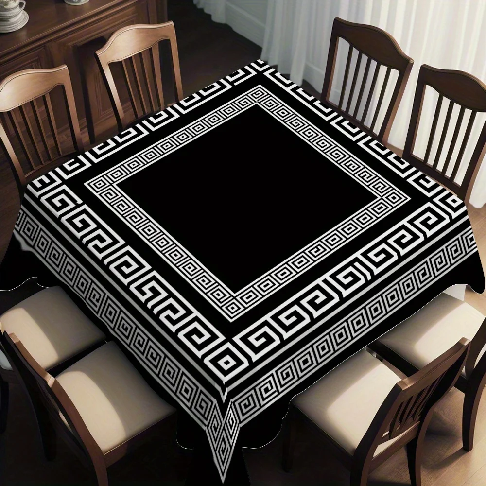 Elegant Black Greek Key Pattern Waterproof Tablecloth for Dining Room Home Decor Table Cover