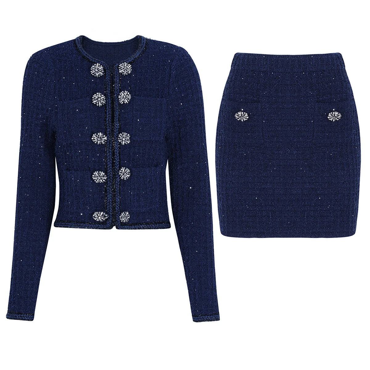 25312 High Quality Spring And Autumn New Style Fashion Diamond Buckle Small Fragrant Knitted Top Cardigan+Half Skirt Set
