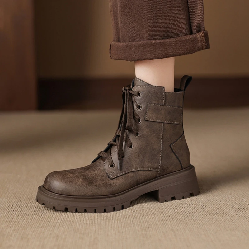 

Women's new leather cowhide round toe retro mid heel handmade plus size lace up zipper and calf short boots fashion boots