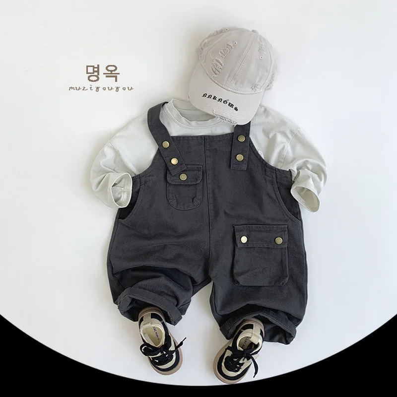 2025 New Children Loose Overalls Cotton Boys Girls Solid Strap Trousers Baby Sleeveless Jumpsuit Kids Pocket Casual Pants