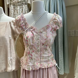 Korean Style Sweet Fungus V-neck Pleated Slim Fit Floral Short-sleeved Top 2024 Summer New Style Temperament Shirt