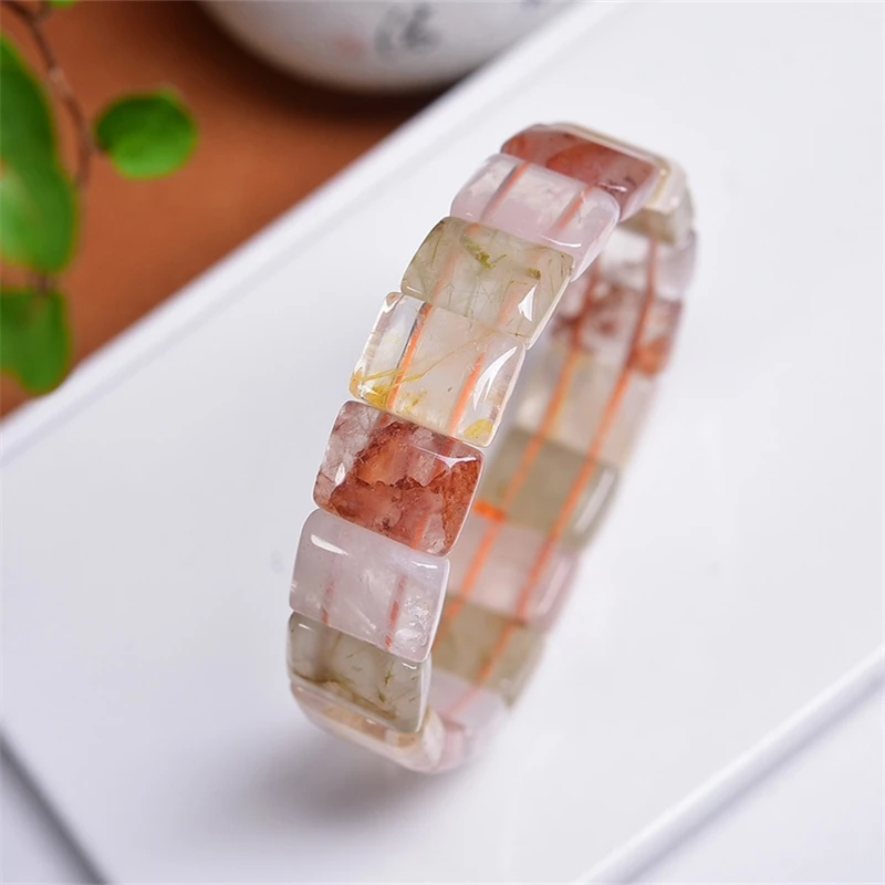 Natural Colored Rutilated Quartz Bangle Men Women Colorful Charm Yoga Healing Bangles Fashion Handmade Gift 1PCS 12X15MM