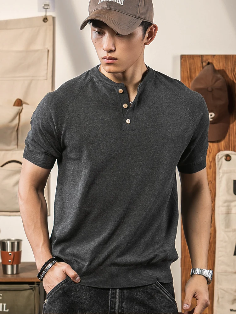 

American Retro Knitted Henry Collar T-irt Men's Heavyweight ort Sve Fitn Casual Faion Urban Sle Breathable Summ...