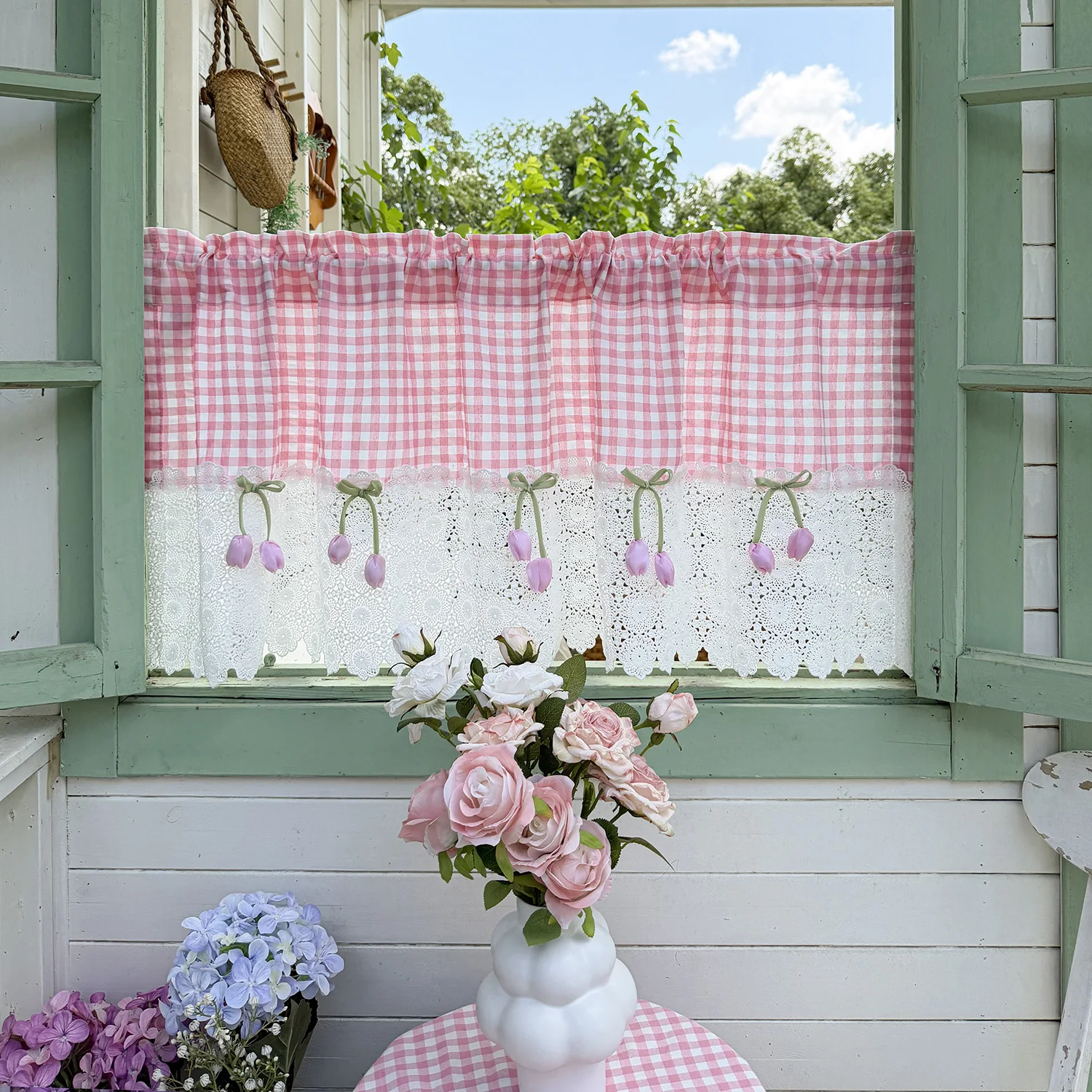 1PC Korean-Style Pink Two-Tone Plaid Short Curtain,Tulip Embroidered Lace Small Curtains For Windows,Cabinets,Doors,Partitions