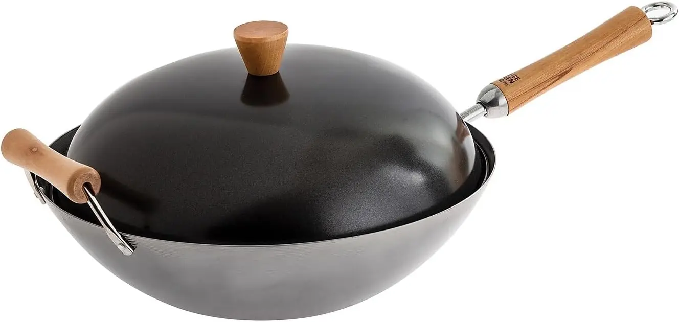 14-Inch Uncoated Carbon Steel Wok Set with Lid and Wood Handles, 4-Piece for High-Temp Cooking 4