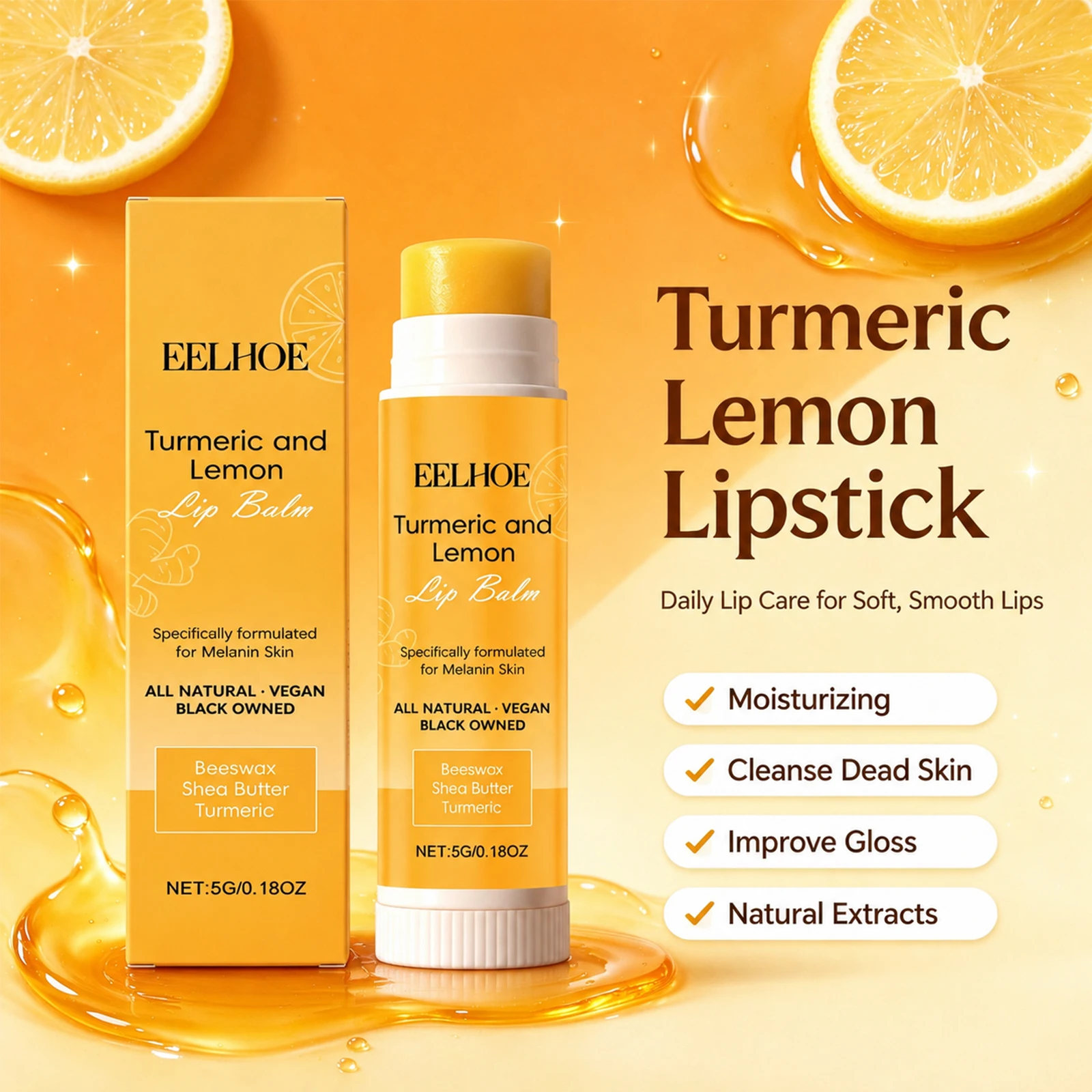 Turmeric Lemon Lip Balm Lip Moisturizer Nourish Dry Chapped Lips Reduce Lip Lines Exfoliating Beeswax Shea Butter Lip Care Stick