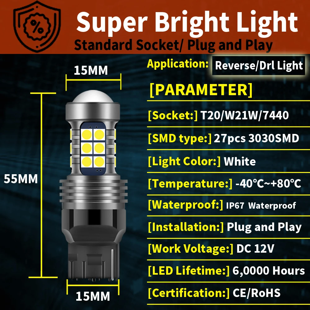 2pcs T20 W21W WY21W 7440 7440NA 7505 LED Canbus Reverse Light DRL Auto Backup Bulb Car Diode Daytime Running Lamp 12V 21W W3x16d