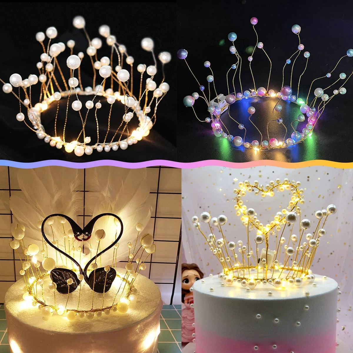 Shiny Happy Birthday Topper Artificial Pearl Crown Cake Topper Faux Pearl Cake Decoration for Birthday Party Decor Supplies