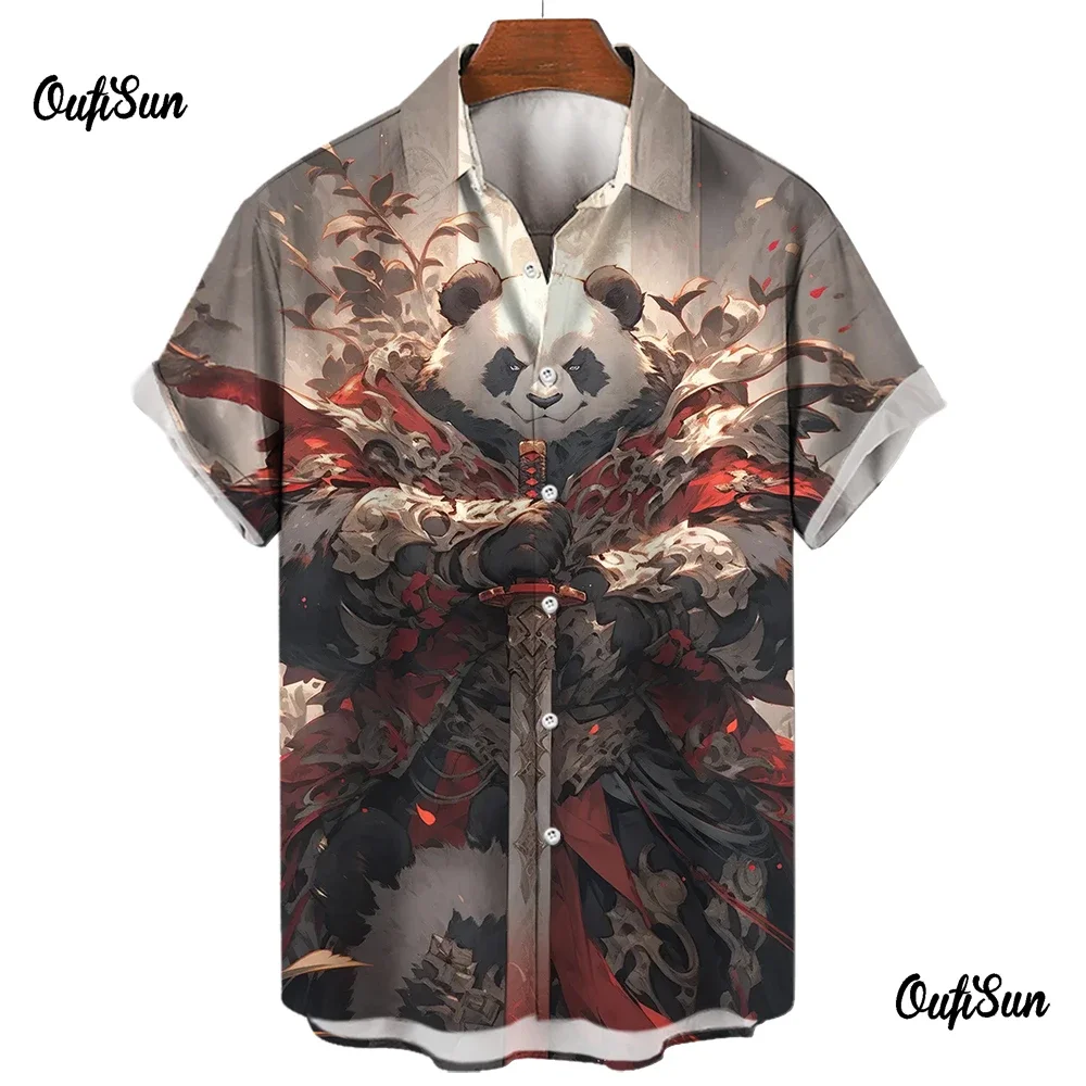 Panda 3D masculino camisa de manga curta, tops casuais com botões, estampa engraçada, lapela havaiana, novo, 2024